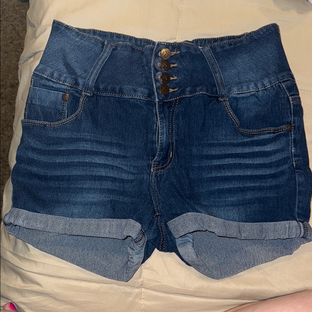 High Waist Blue Denim Stretchy Shorts with Rolled Hems